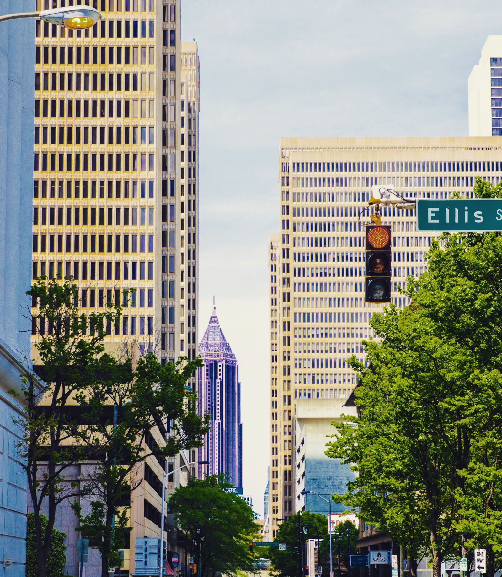 Downtown Atlanta street with office towers and a MARTA station entrance