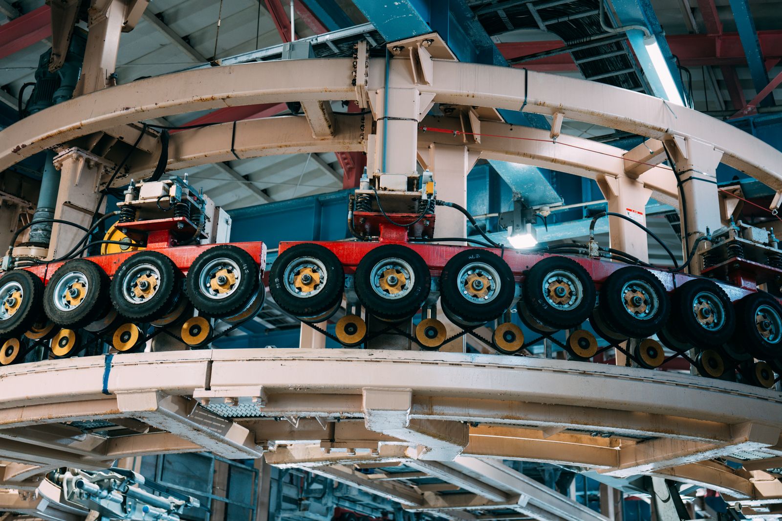 An industrial conveyor system inside a plant