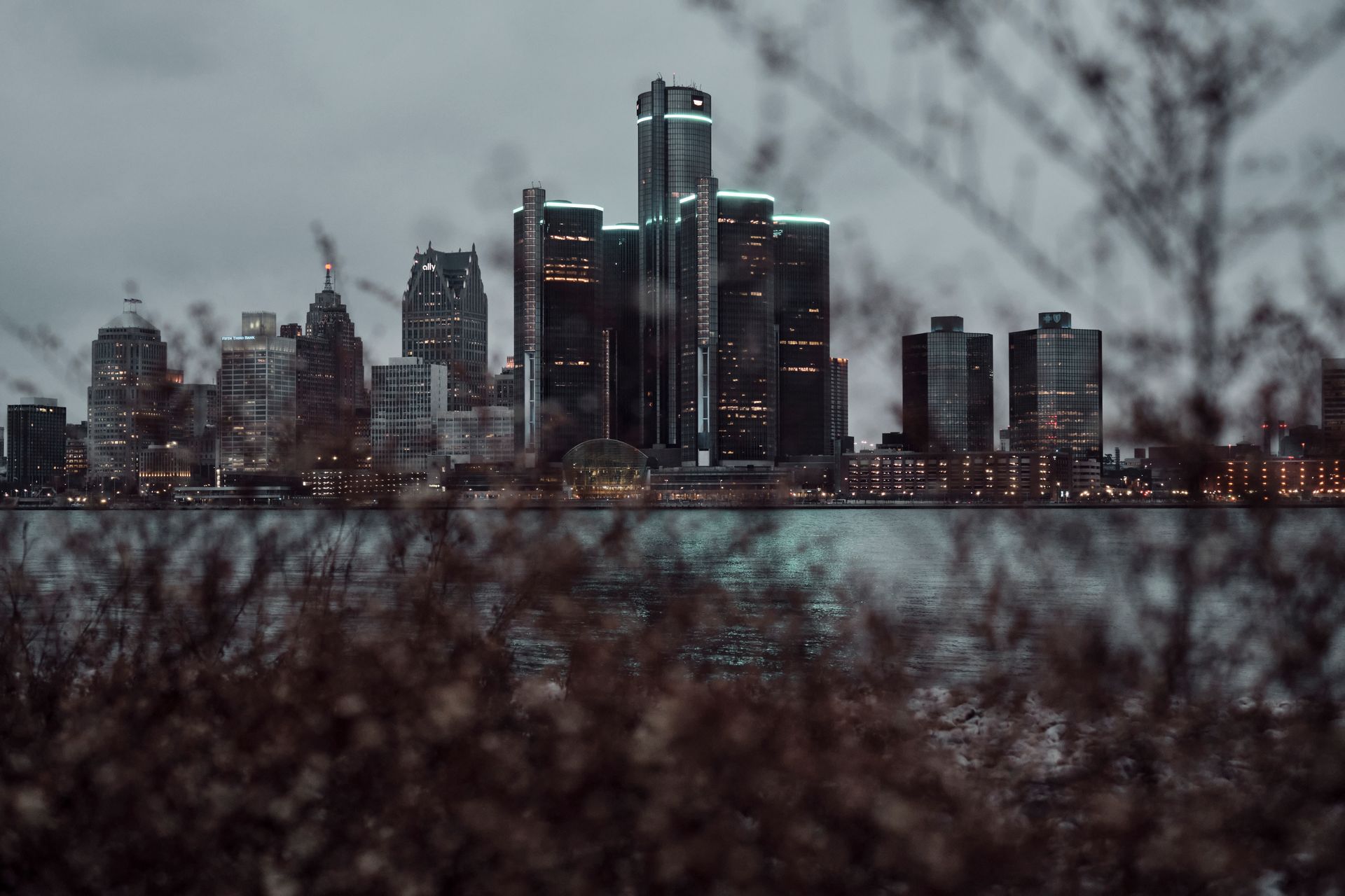 The Detroit skyline across the river at dusk