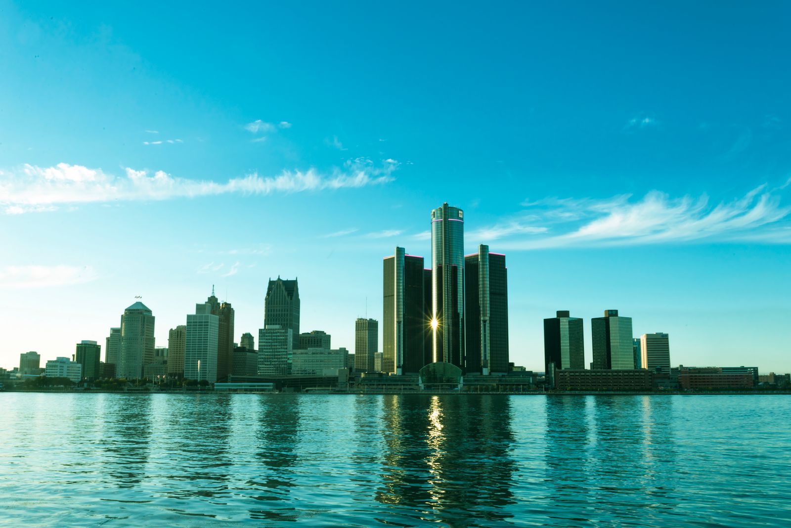 The Detroit skyline reflected on the river