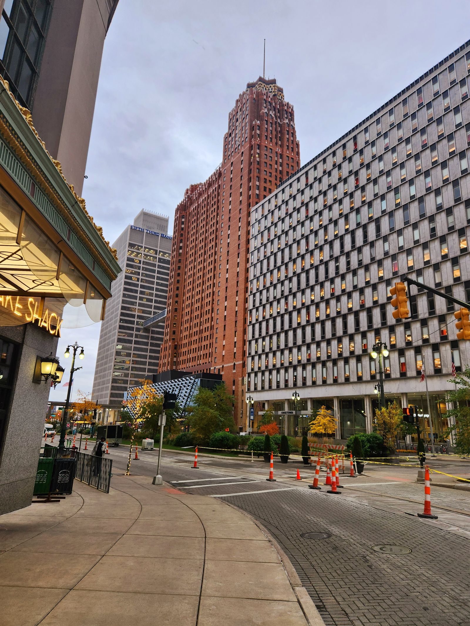 Downtown Detroit streetscape with historic architecture