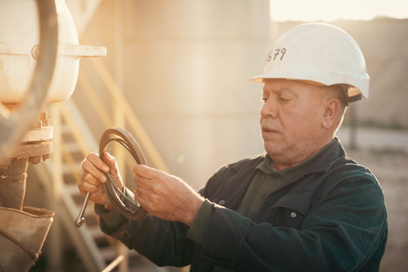 An engineer in a hard hat inspects machinery
