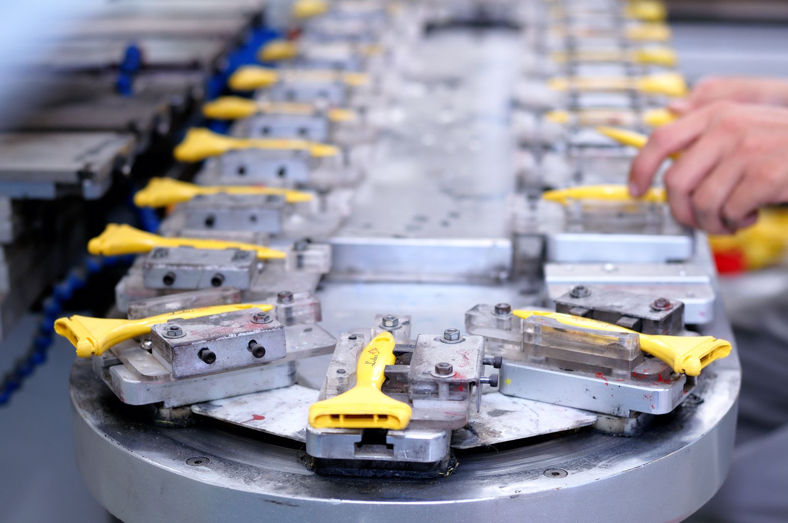 A factory production line with yellow components