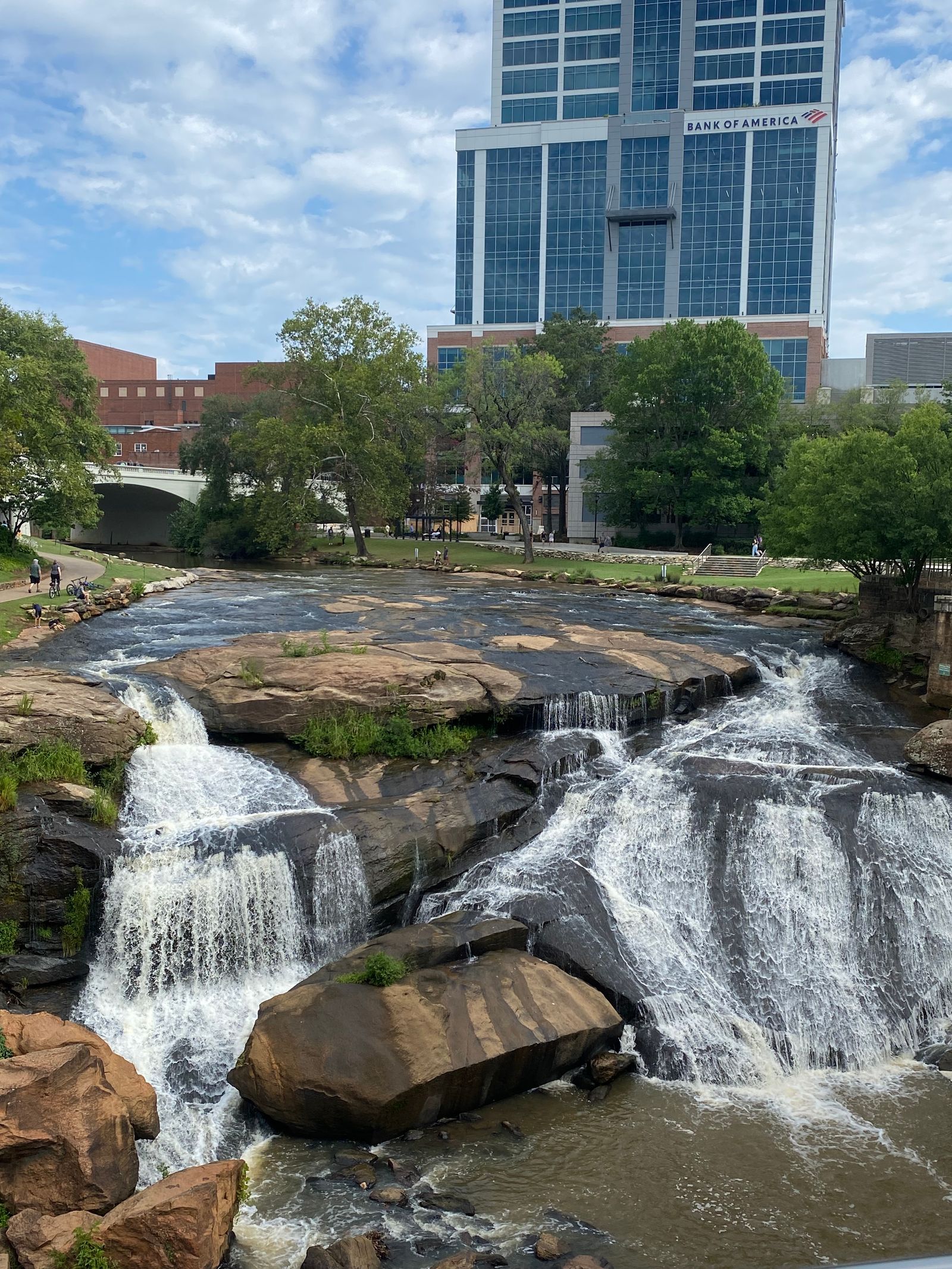 Falls Park on the Reedy with the downtown Greenville skyline behind it