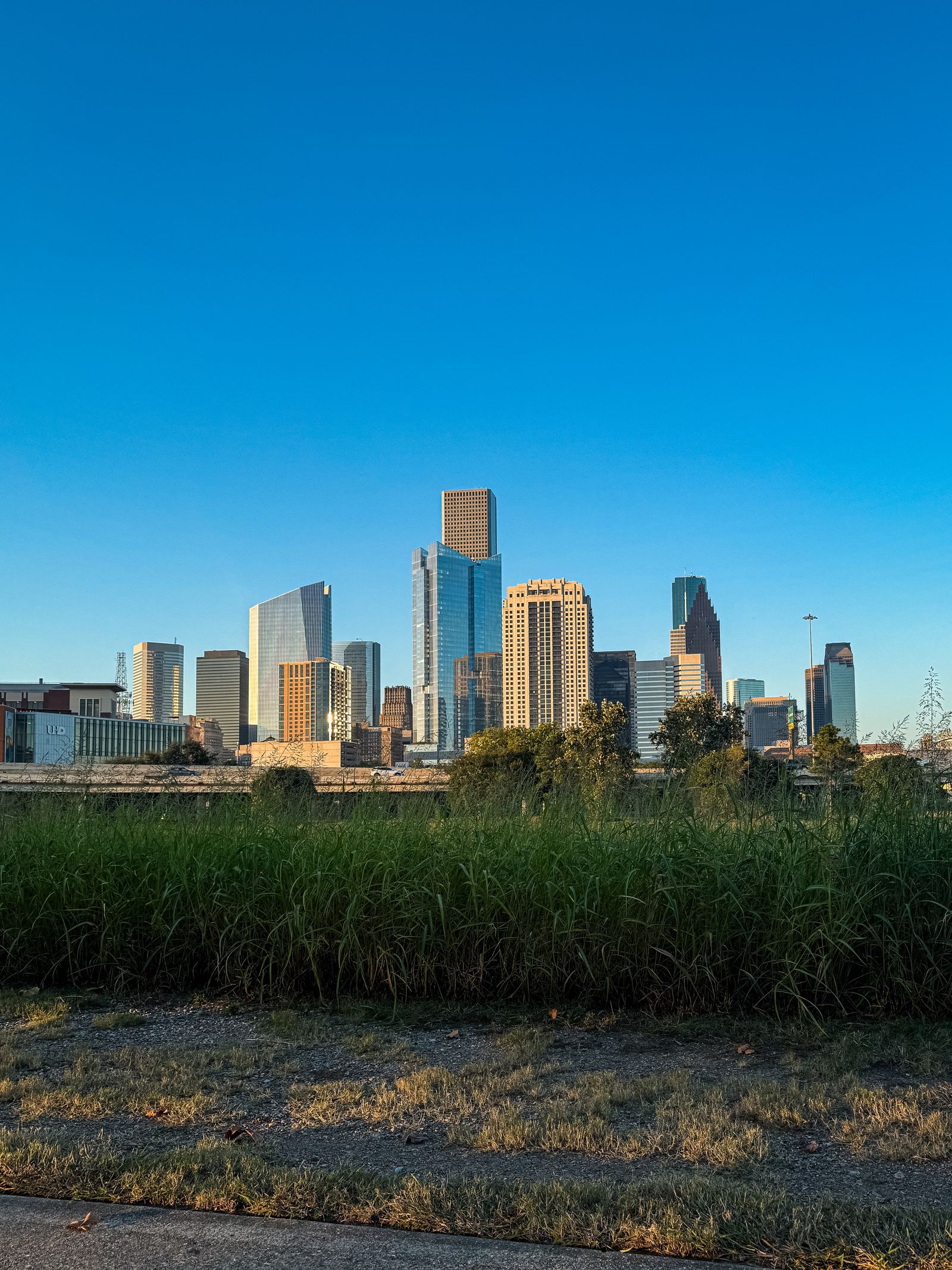 The downtown Houston skyline under a clear sky