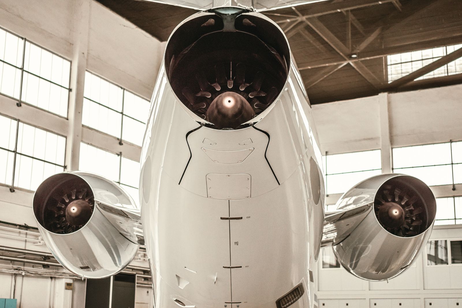 Aircraft jet engines inside a hangar