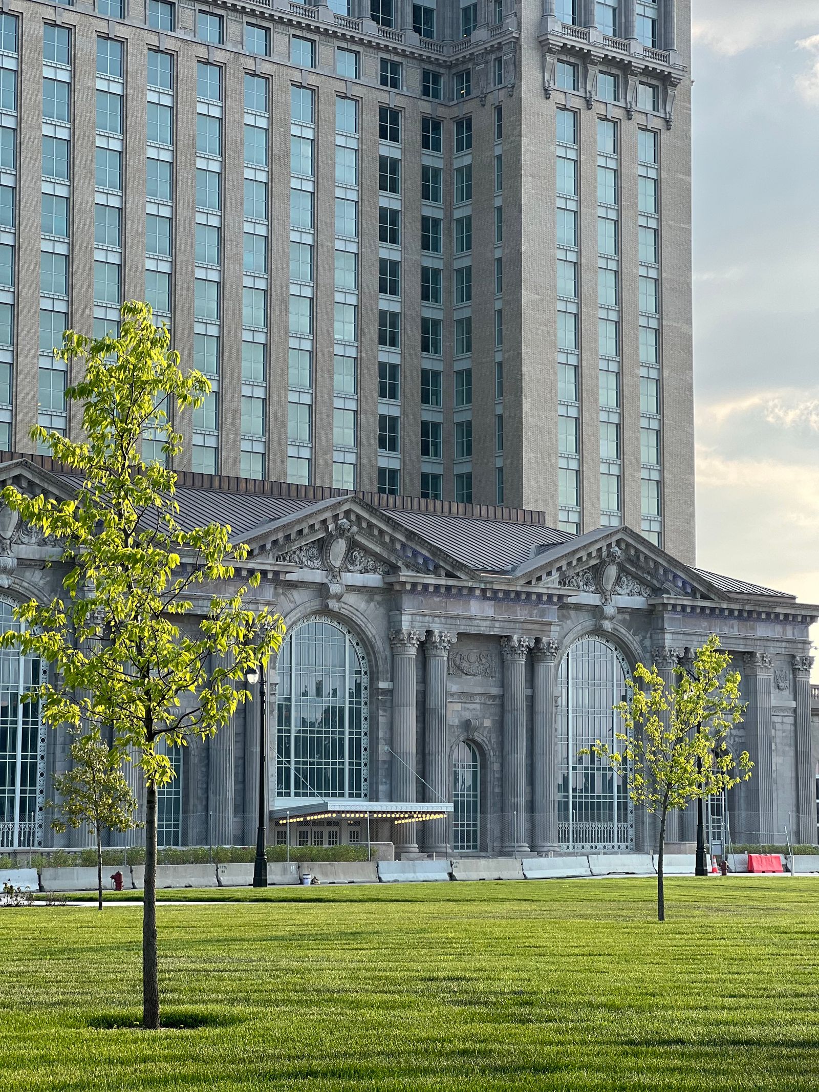 The restored facade of Michigan Central Station in Detroit