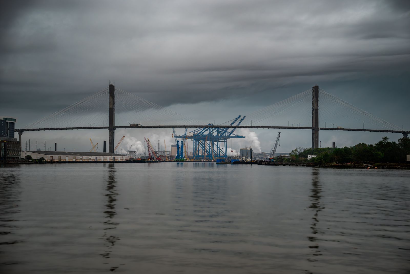The Talmadge Memorial Bridge spanning the Savannah River at dusk