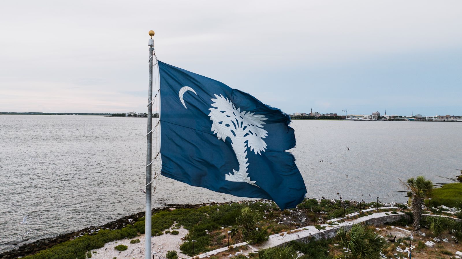 The South Carolina flag flying at the waterfront in Charleston