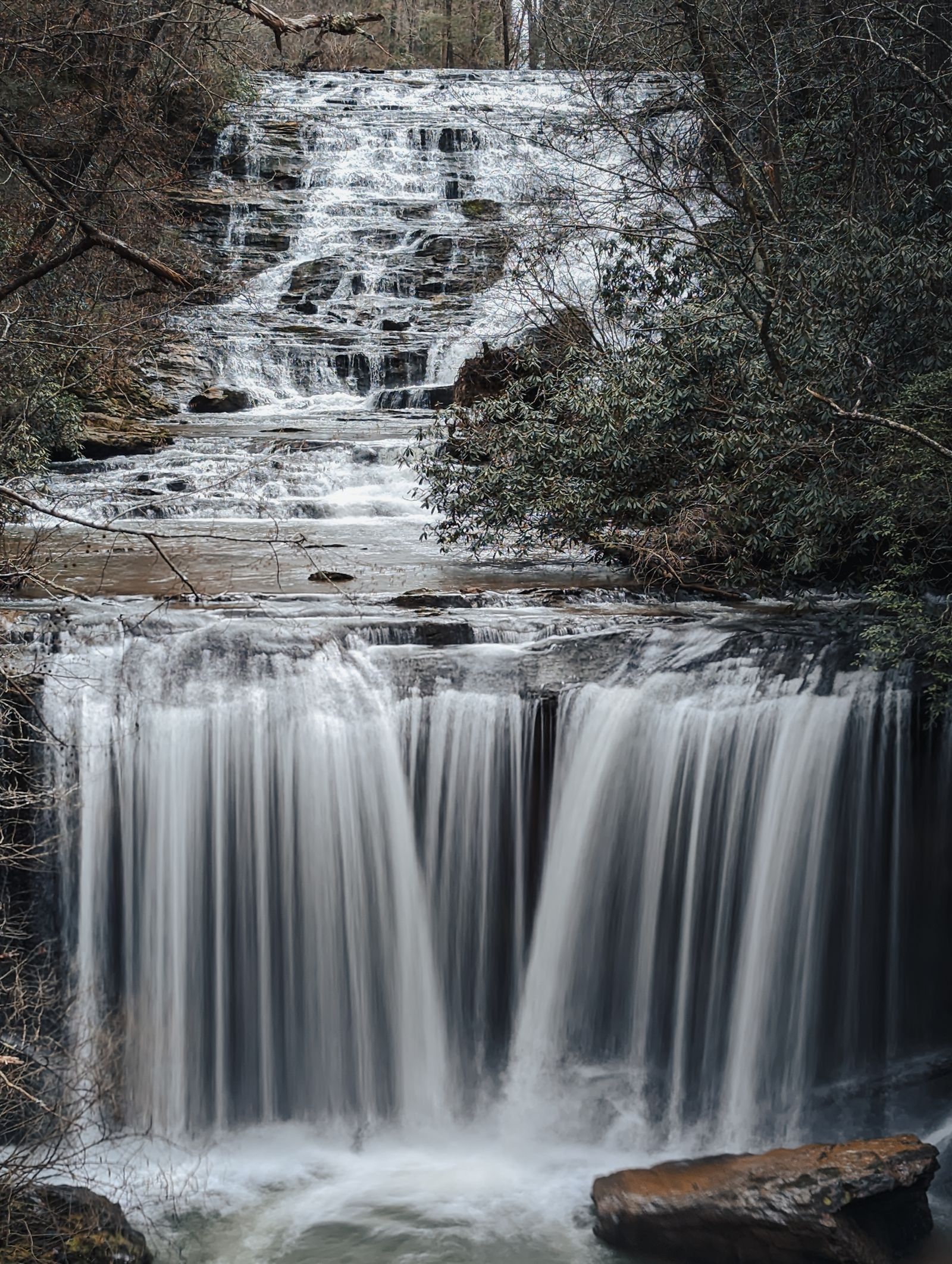 A waterfall in the forested foothills of Upstate South Carolina