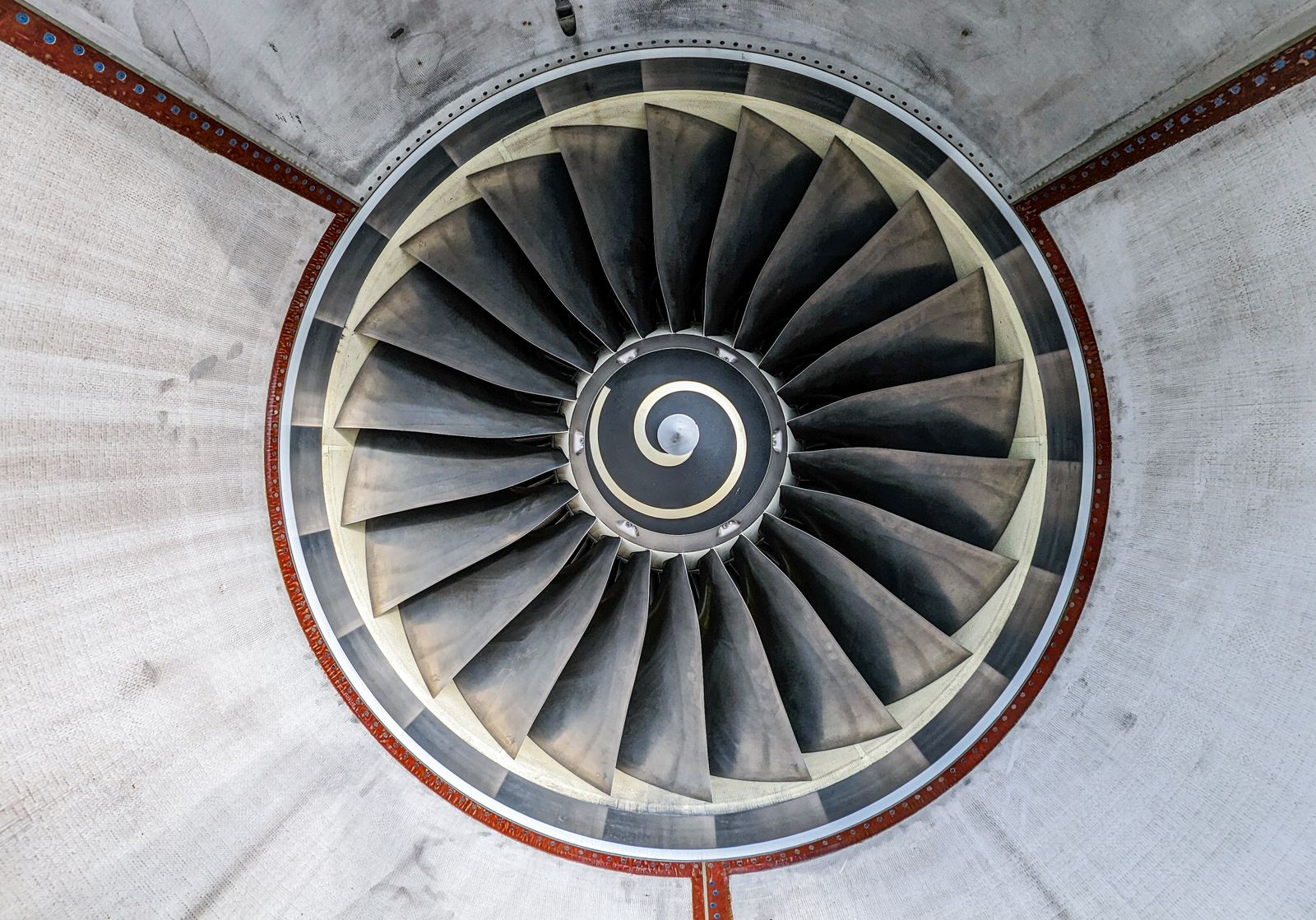 Overhead view of jet engine turbine blades